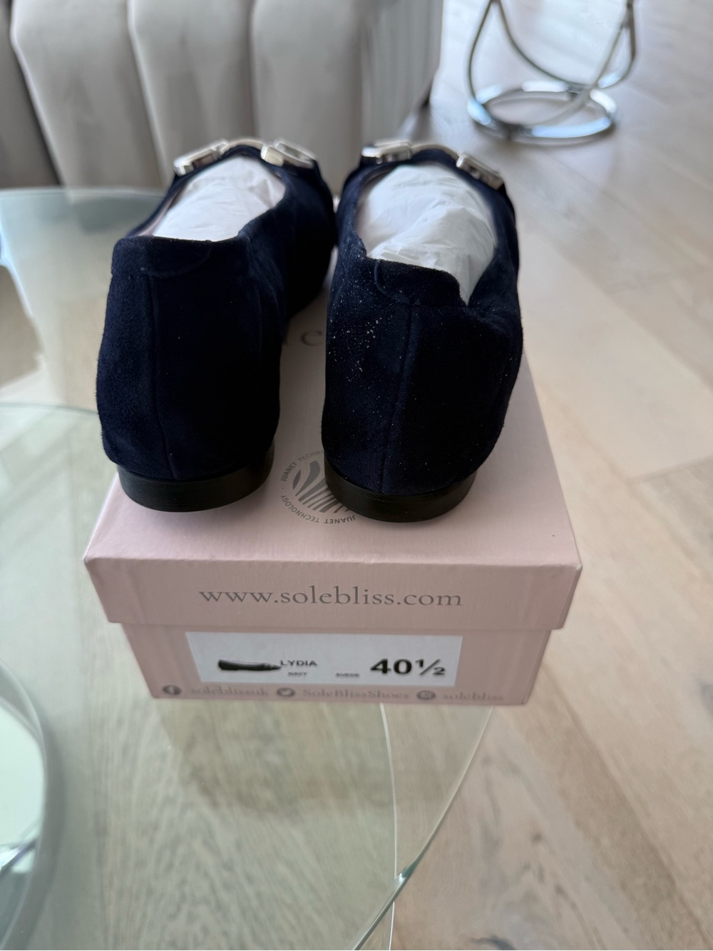 Sole Bliss Navy Suede Ballet Flats with Silver Buckle